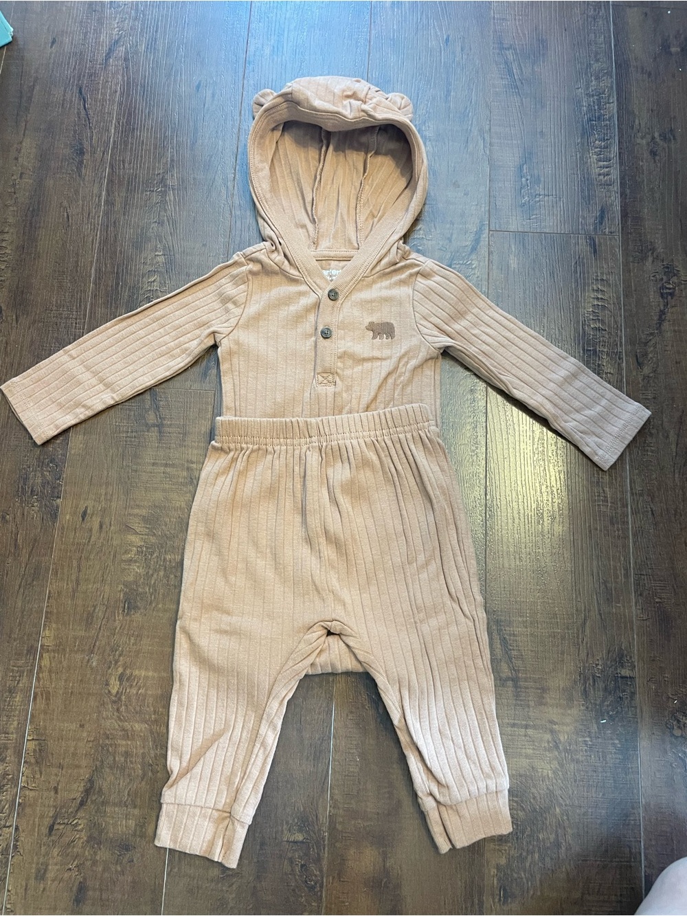 Carter's Ribbed Hooded Bodysuit with Matching Pants in Taupe with Bear Accent